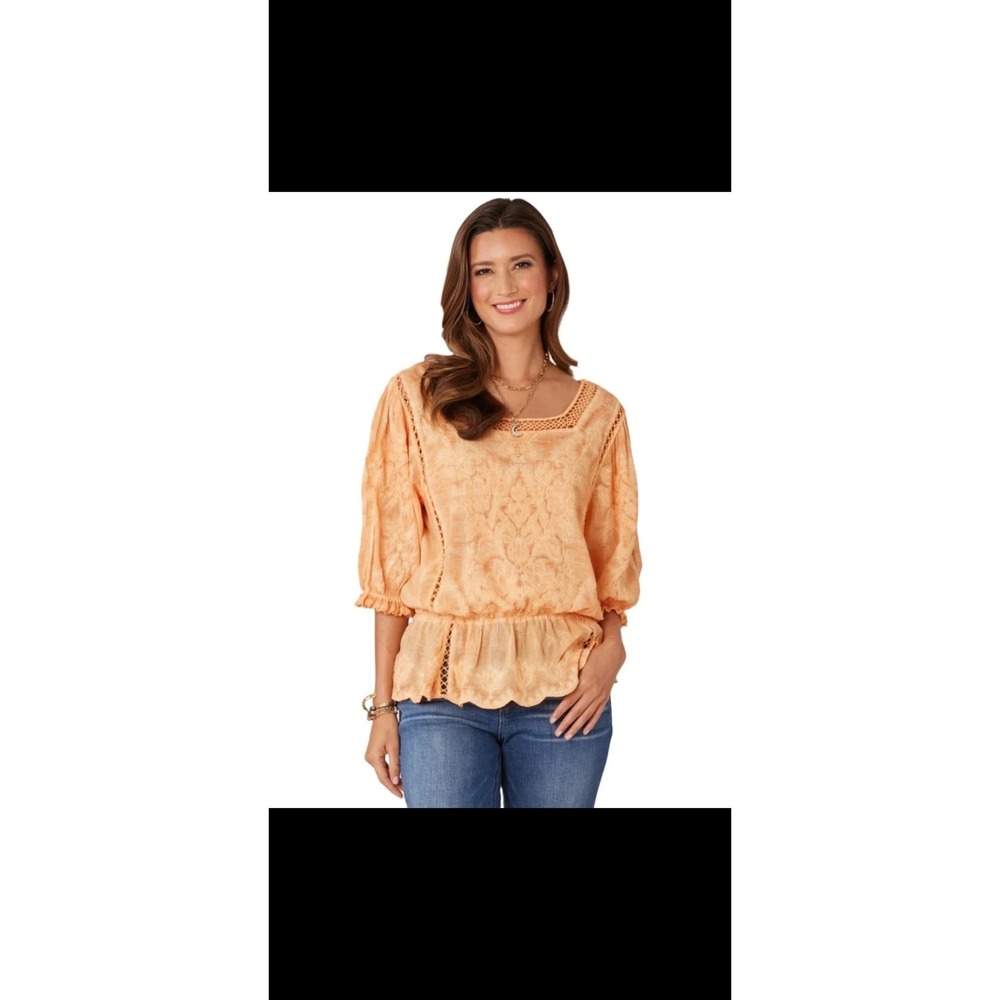 Democracy Bonnet Sleeve Square Crochet Neck Mineral Wash Peplum Woven Top Sz L